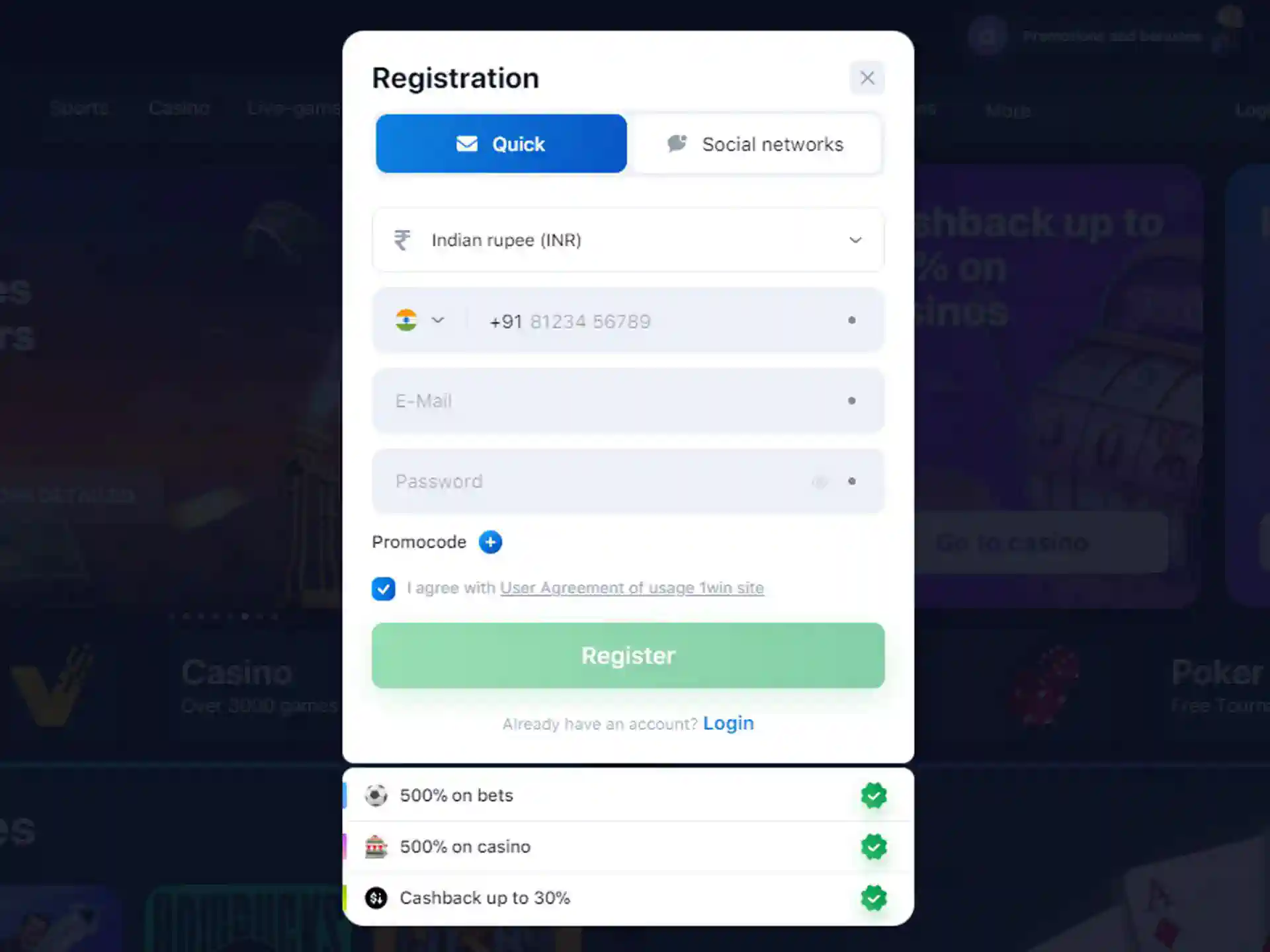 1win login and sign up process