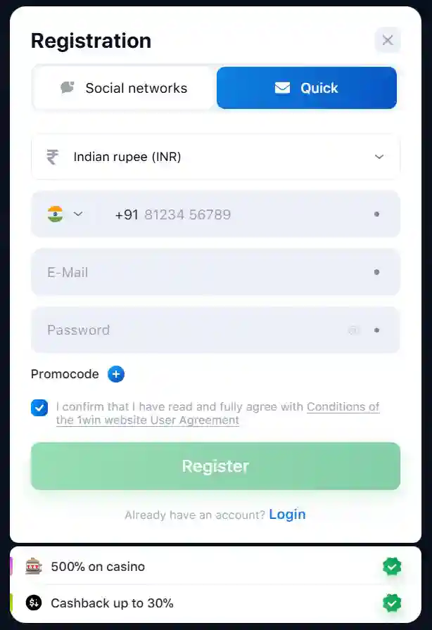 1win registration in India