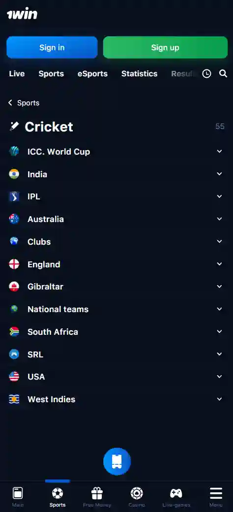 Cricket bets on the 1win mobile app in India