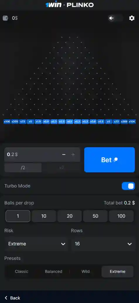 1win Plinko game on Mobile devices
